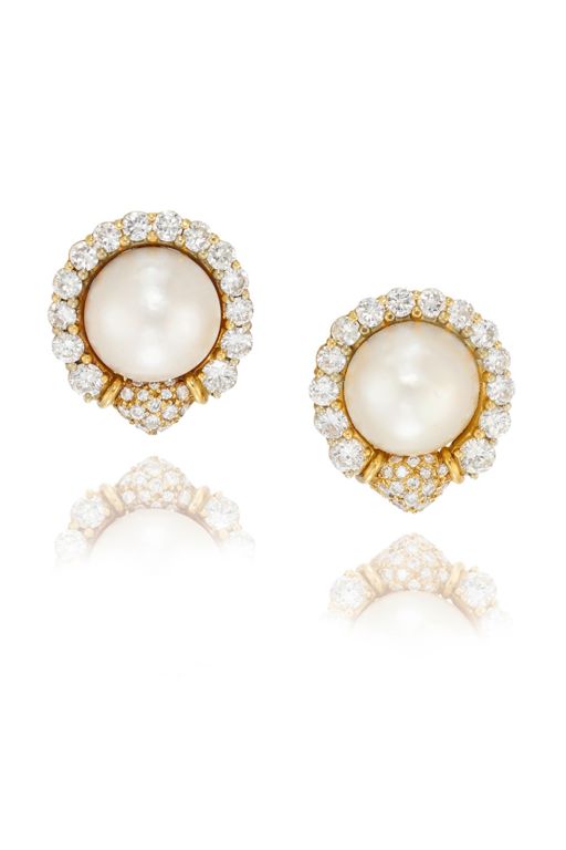 Pair of 18k Gold Pearl and Diamond Earrings
