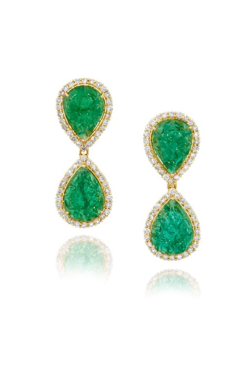 Pair of 18k Gold Emerald and Diamond Earrings