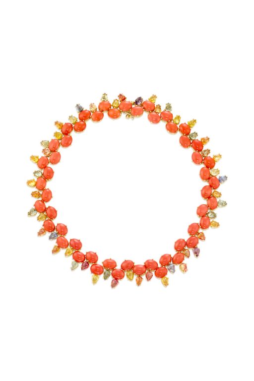 18k Gold Coral and Sapphire Necklace