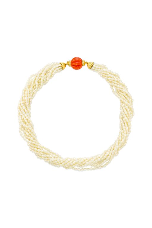 18k Gold Pearl, Coral and Diamond Necklace