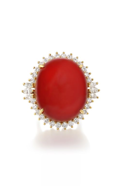 14k Gold Coral and Diamond Ring