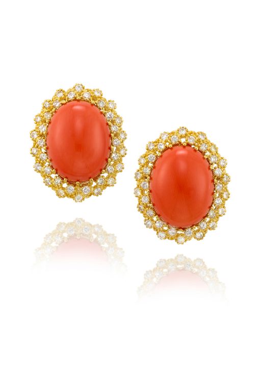 Pair of 14k Gold Coral and Diamond Earrings
