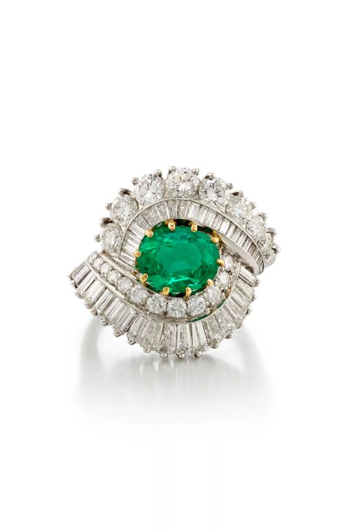 18k Gold, Platinum Emerald and Diamond Ring