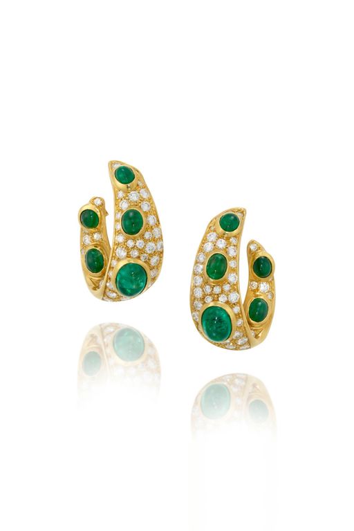 Pair of 18k Gold Emerald and Diamond Earrings