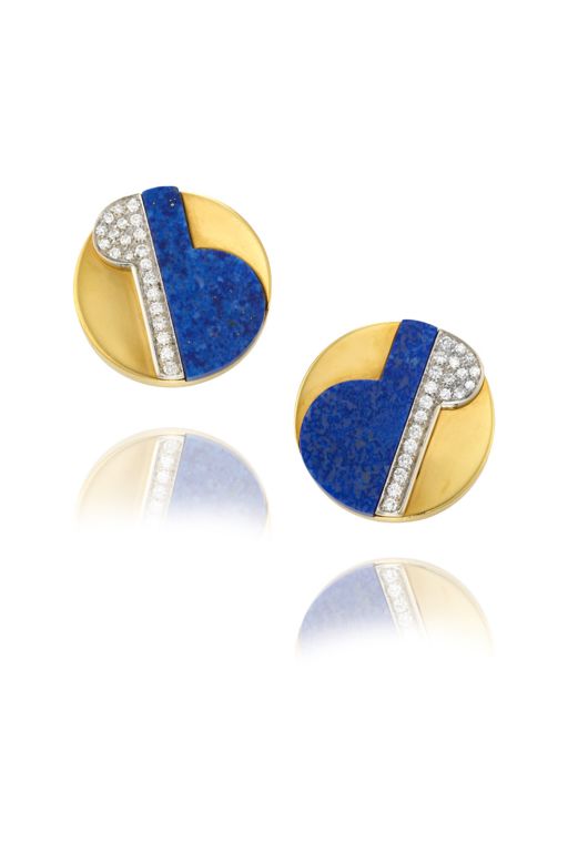 Pair of 18k Gold Lapis Lazuli and Diamond Earrings