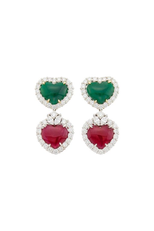 Pair of 14k Gold Jade, Ruby and Diamond Earrings