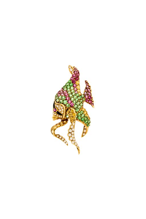18k Gold Multi-Gem Fish Brooch