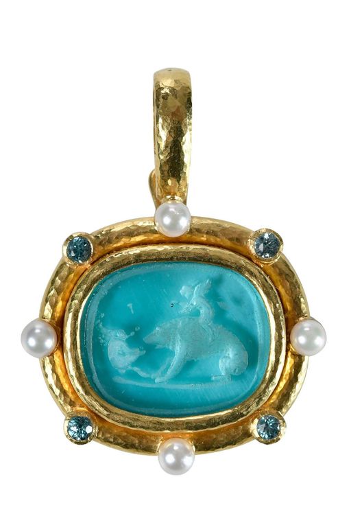 19k Gold Glass, Pearl and Aquamarine Pendant