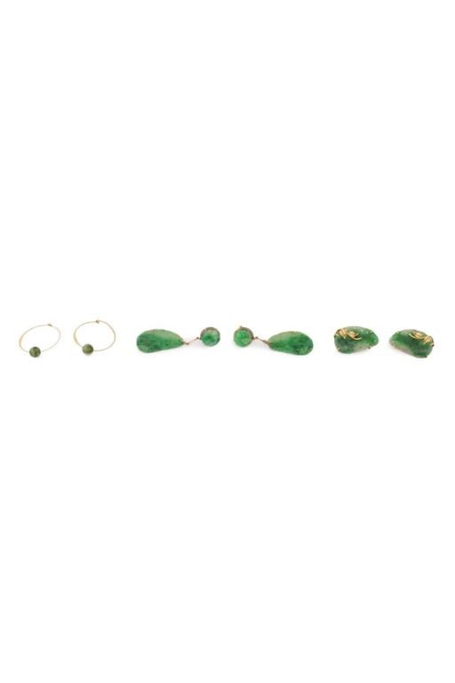 Three Pairs of 14k Gold Jade Earrings