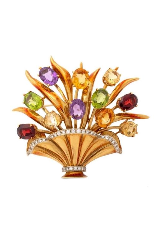 18k Gold Multi-Gem and Diamond Brooch