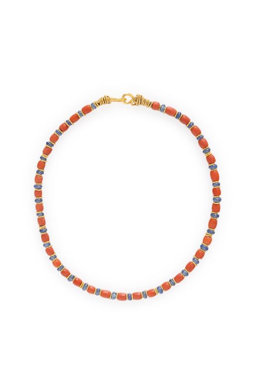 22k Yellow Gold Coral and Sapphire Bead Necklace