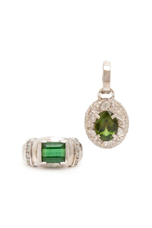14k White Gold Tourmaline and Diamond Jewelry Set