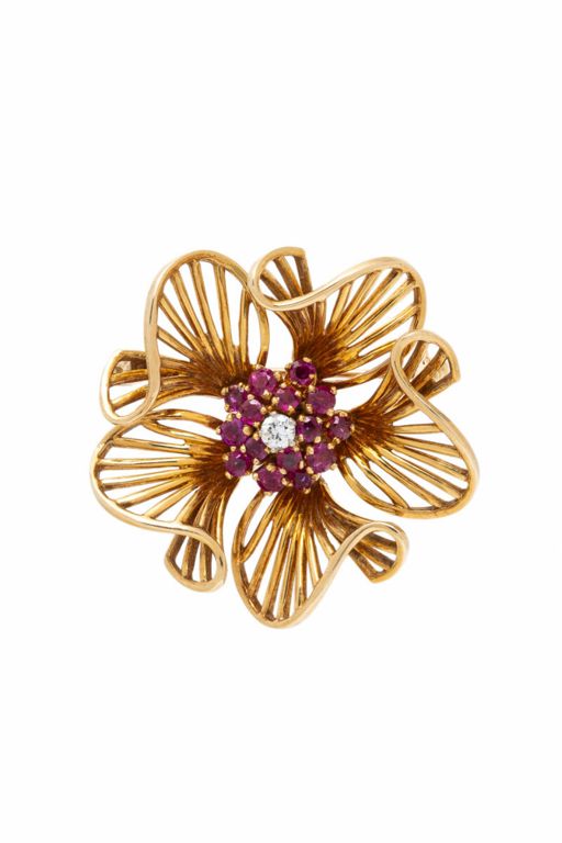 14k Yellow Gold Ruby and Diamond Flower Brooch