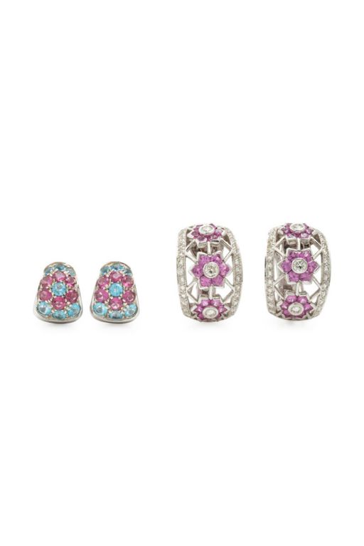Two Pairs of 18k White Gold Multi-Gem Earrings