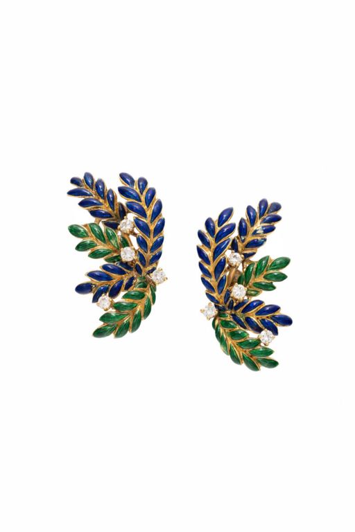 18k Yellow Gold Diamond and Enamel Leaf Earrings