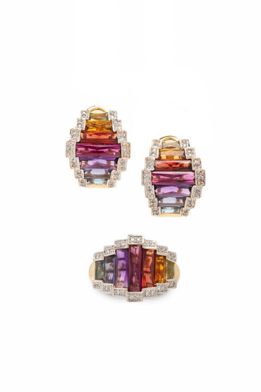18k Yellow and White Gold Multi-Gem Jewelry Set