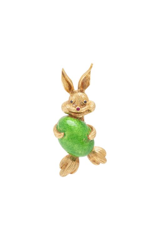 18k Gold Enamel, Sapphire and Ruby Bunny Brooch