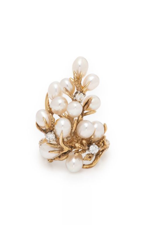 14k Yellow Gold Pearl and Diamond Foliate Ring