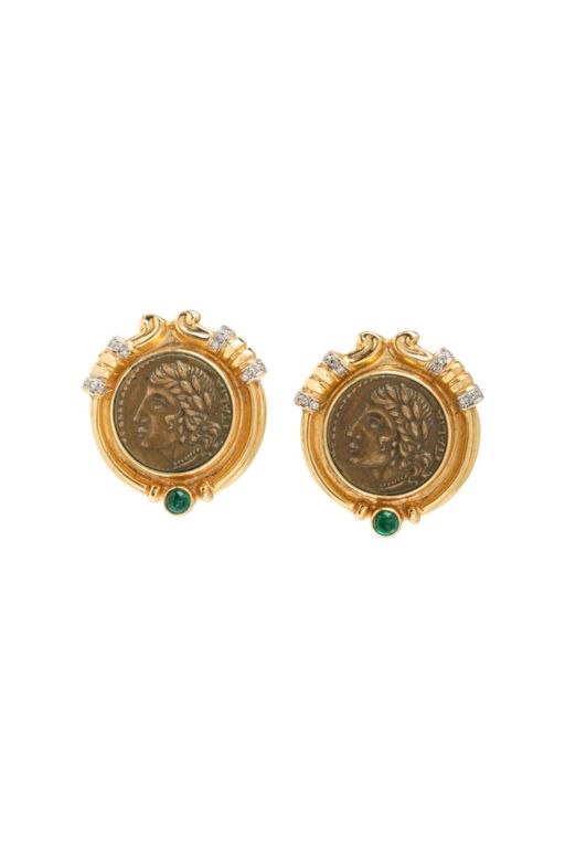 14k Yellow Gold Diamond and Emerald Coin Earrings
