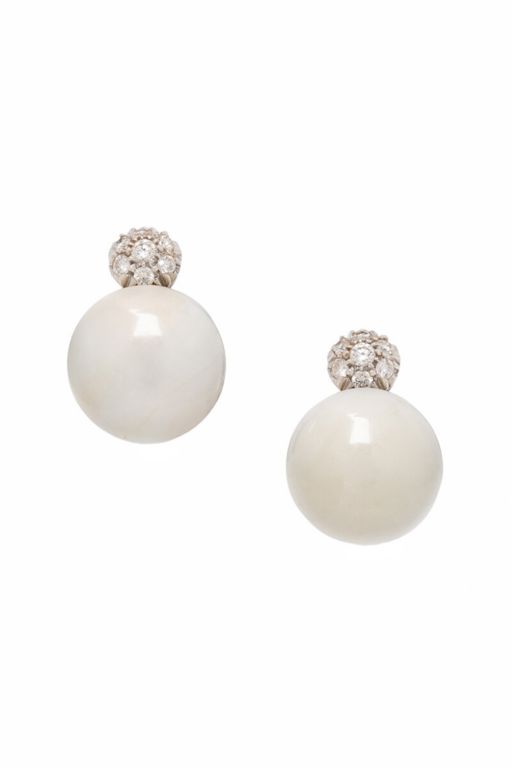 18k White Gold Cacholong and Diamond Earrings