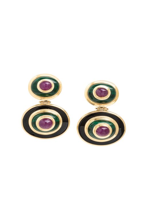 14k Yellow Gold Ruby, Onyx and Malachite Earrings