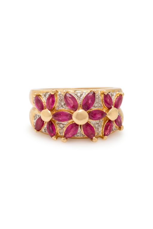 14k Two-Tone Gold Ruby and Diamond Flower Ring
