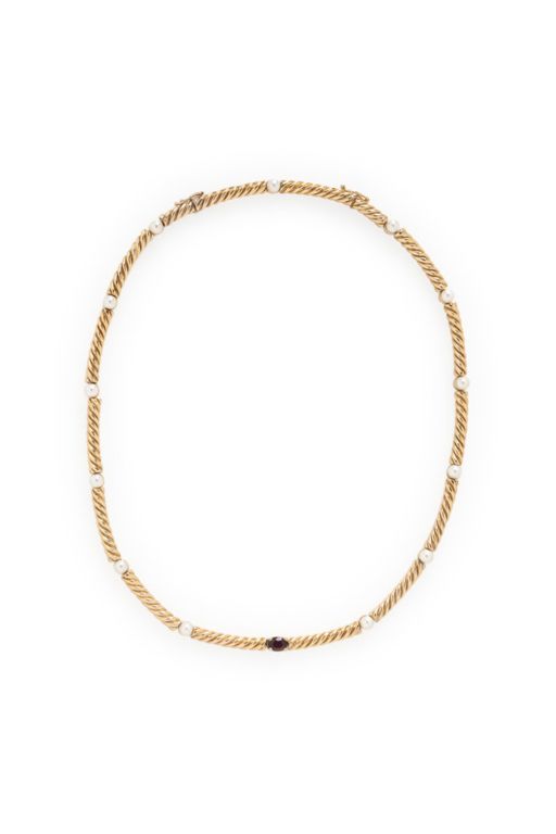 14k Yellow Gold Ruby and Pearl Necklace