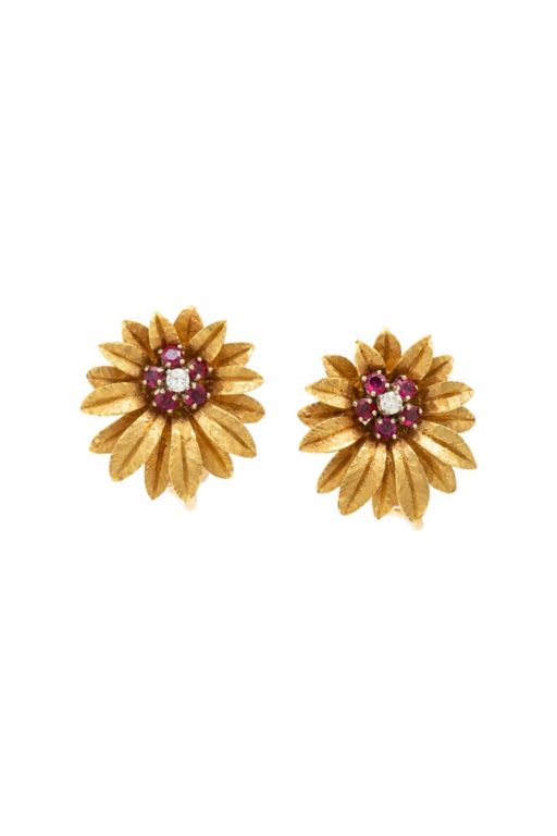 Yellow Gold Ruby and Diamond Flower Earrings