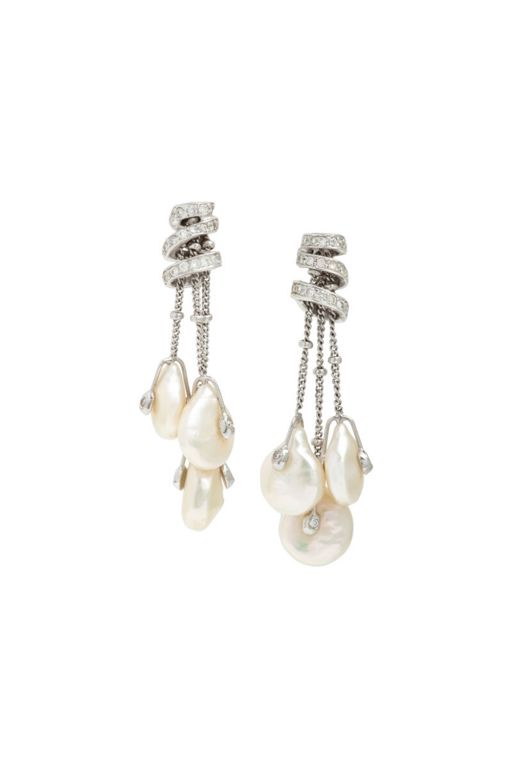 18k White Gold Pearl and Diamond Tassel Earrings