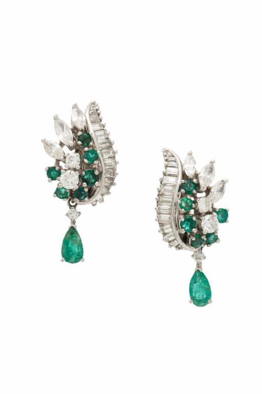 Platinum Diamond and Emerald Pendant Earrings