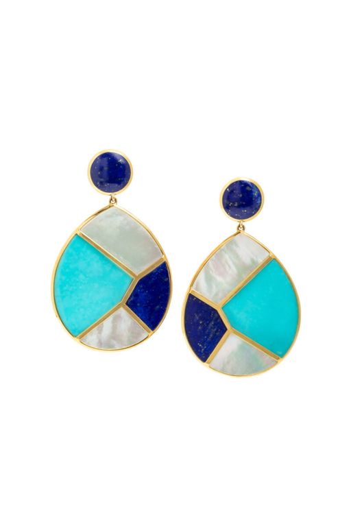 18k Gold Lapis, Turquoise and MOP Pendant Earrings