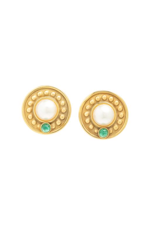 18k and 14k Yellow Gold Pearl and Emerald Earrings