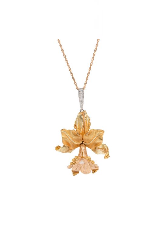 Gold Pearl and Diamond Flower Pendant Necklace