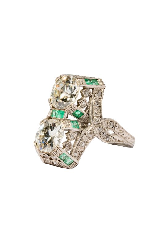 Platinum Diamond and Emerald Cocktail Ring
