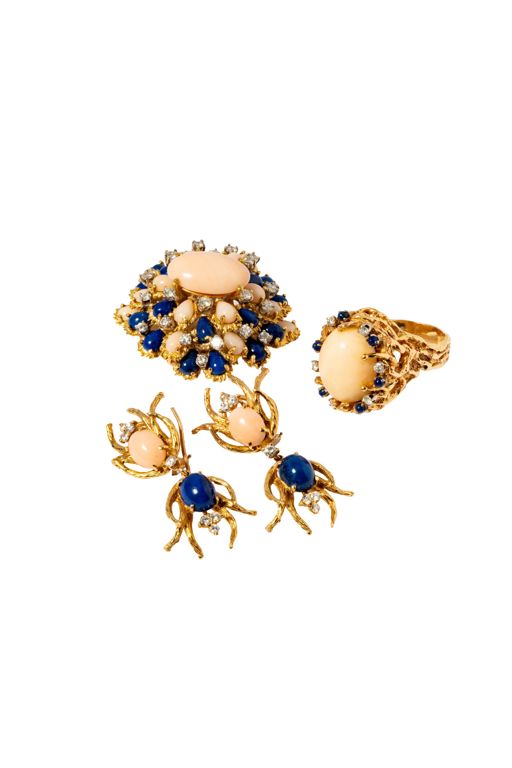 14k Gold Coral, Lapis and Diamond Jewelry Set