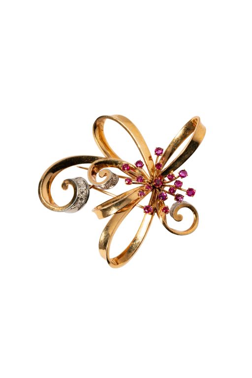 14k Gold Ruby and Diamond Brooch