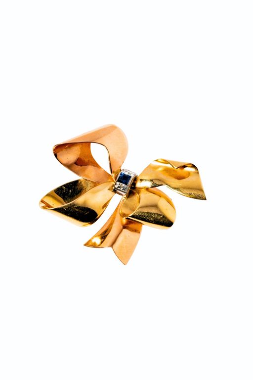 14k Tri-Color Gold Sapphire and Diamond Bow Brooch