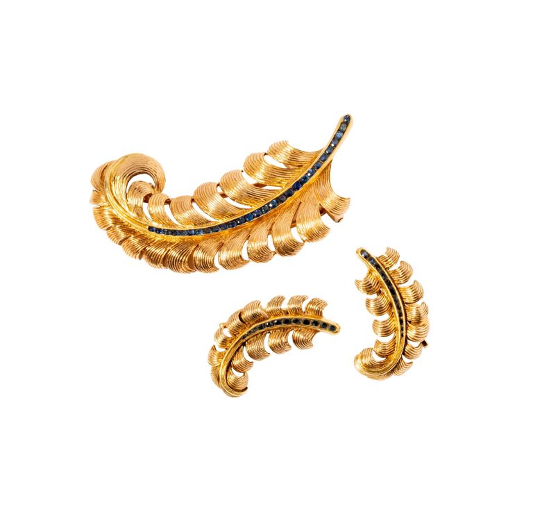 14k Yellow Gold Sapphire Feather Jewelry Set