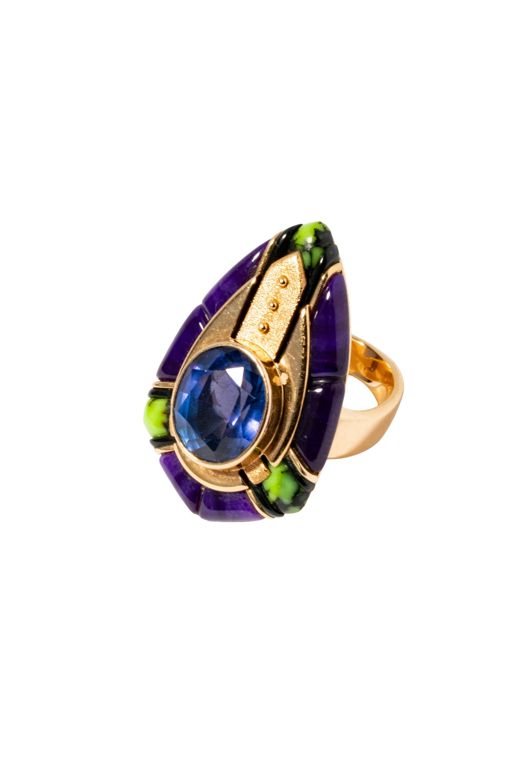 14k Yellow Gold Enamel and Tanzanite Ring