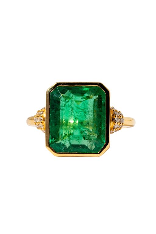 18k Yellow Gold Emerald and Diamond Ring