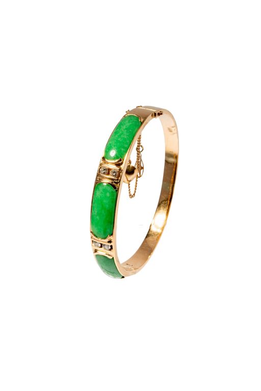 18k Yellow Gold Jade and Diamond Bangle Bracelet