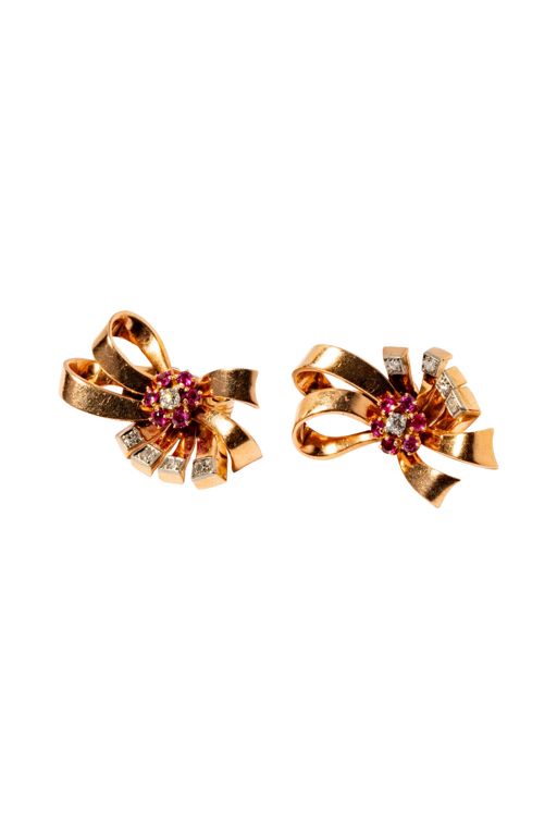 14k Rose Gold Diamond and Ruby Bow Earrings