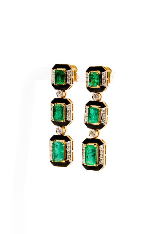 14k Gold Emerald, Diamond and Enamel Drop Earrings