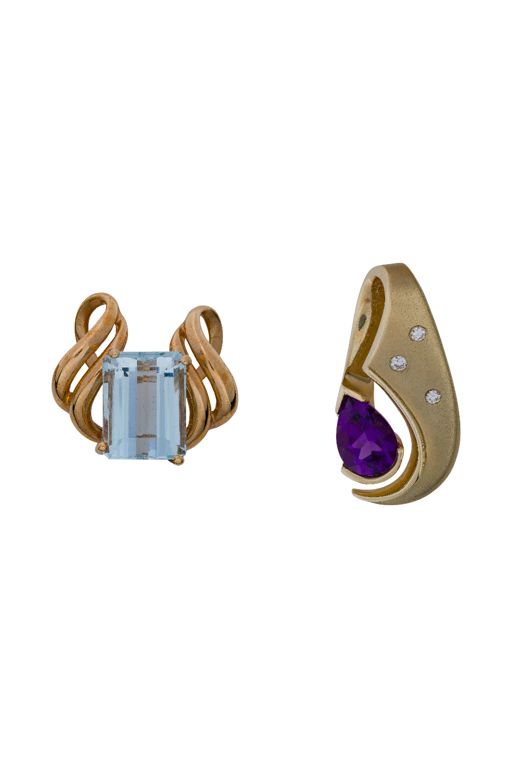 Two 14k Gold Amethyst and Aquamarine Pendants