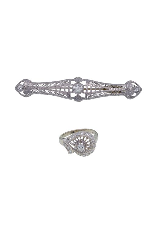 14k Gold Diamond Brooch and Ring