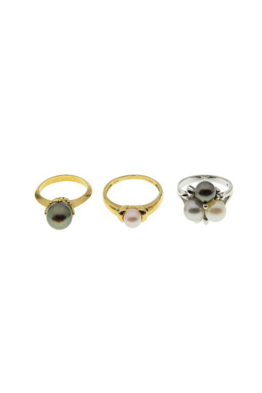 Three 14k Gold Pearl Rings