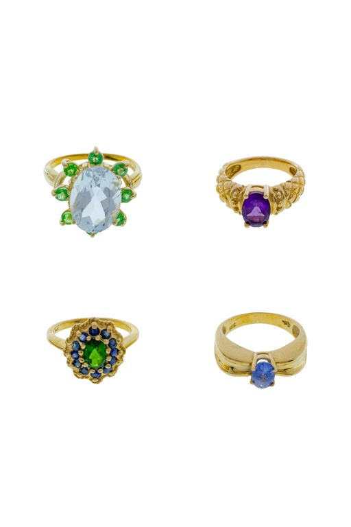 Four 14k Gold Multi-Gem Rings