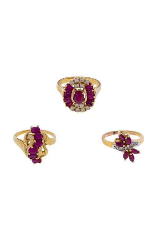 Three 14k Gold Ruby and Diamond Rings