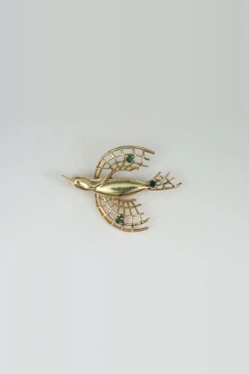 14k Gold Emerald Bird Brooch