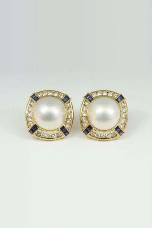 18k Gold Pearl, Diamond and Sapphire Earrings